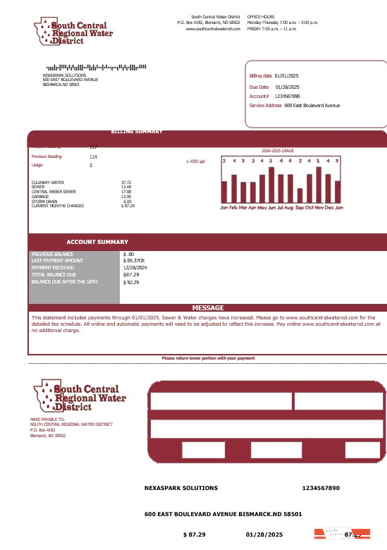 USA North Dakota South Central Regional Water District business utility bill template in Word and PDF formats